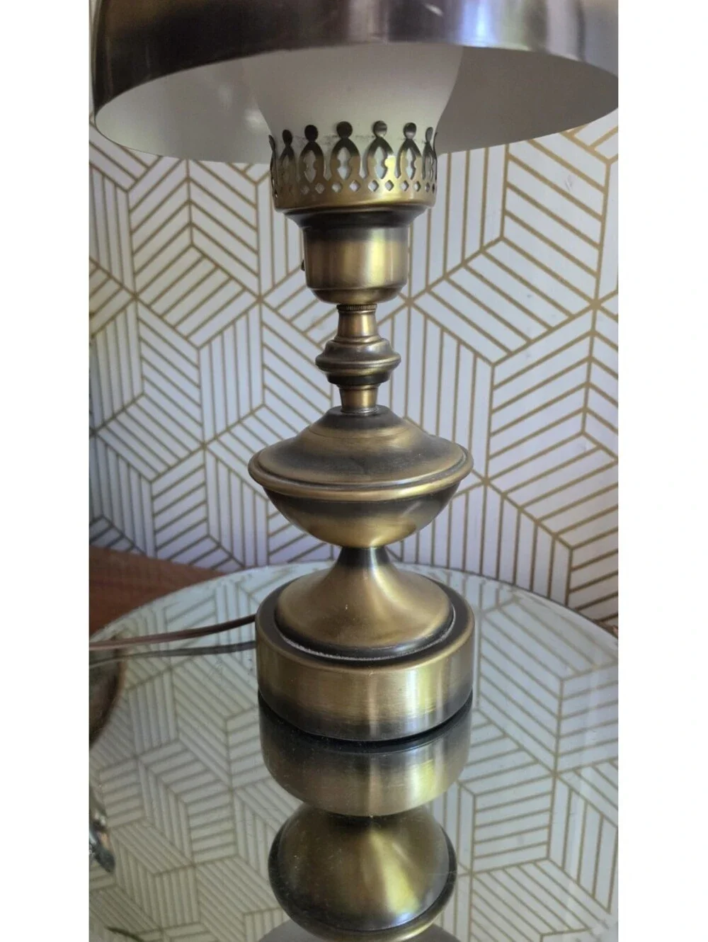 Vintage 3Pc Antiqued Brass Hurricane Parlor Table Lamp Glass Chimney- 3 Way GWTW